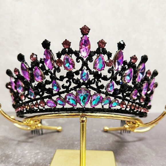 Purple Crystal Tiara, Black comb tiara, vintage crown, Prom hair jewelry
